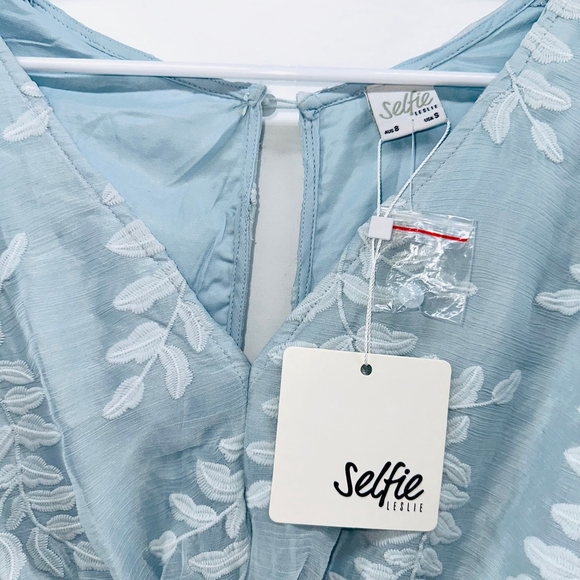 NWT SELFIE LESLIE Caspar Leafy Romantic EMBROIDERED DRESS Mod BABY BLUE WOMENS S - Picture 6 of 11